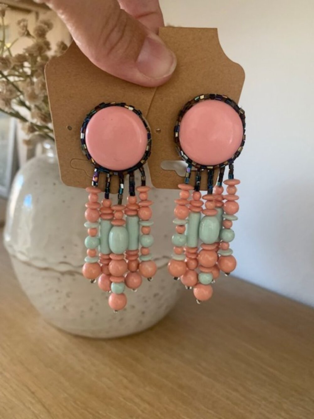 Handmade Coral Pink & Turquoise Beaded Fringe Festival Earrings | Boho Statement